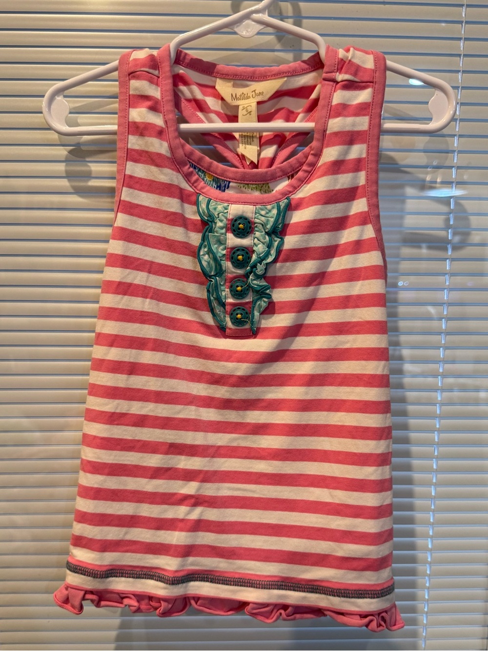 Matilda Jane Girls Size 6 Pink Striped Ruffle Racerback Tank Top